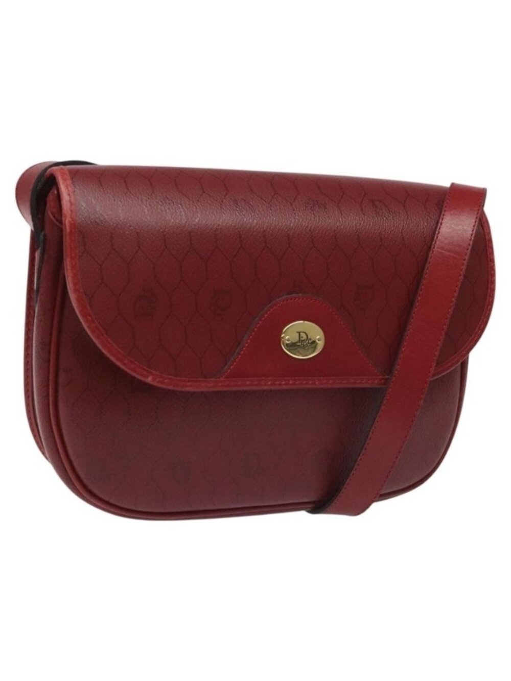 Authentic Christian Dior Honeycomb Canvas Shoulder Bag PVC Leather Red Gold